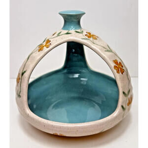 Vtg Round Small Teal Yellow Floral Handmade Pottery Hanging Planter 70s